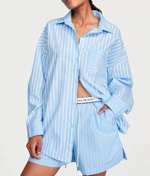 Піжама Victoria's Secret COTTON LONG-SLEEVE SHIRT & SHORTS SET BIKINI BLUE STRIPES Голуба S 3229 фото