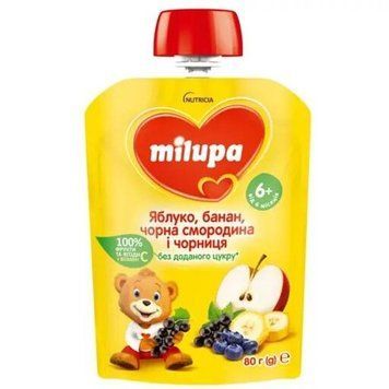 Milupa пюре яблуко, банан, чорна смородина та чорниця 80г від 6міс. 3923 фото